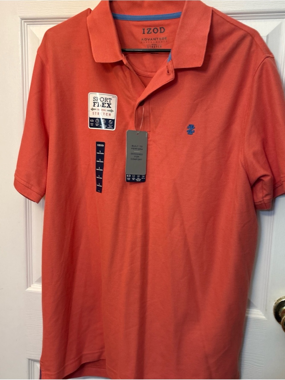 Izod Men's Short-Sleeve Polo in Coral Orange with Blue Logo